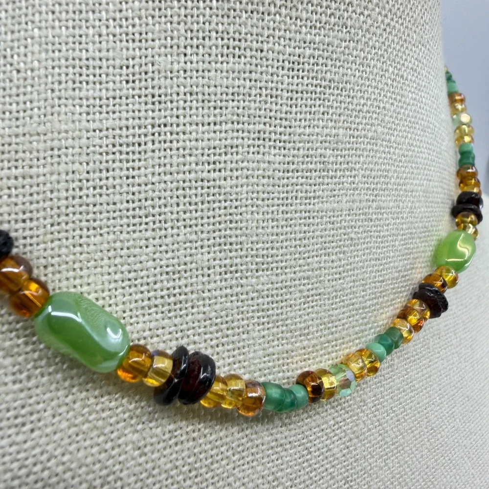 Necklace Vintage Green Amber Tone Glass Beaded Cottagecore Boho Statement Chain